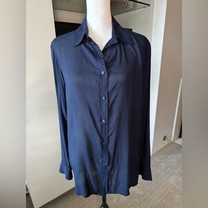 Maria Manuela Navy 100% Viscose Button-Down Blouse | Silk-Feel Shirt M